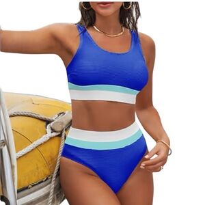 NWT Cupshe Women’s Blue Colorblock Bralette Banded High Waist Bikini Swimsuit XL